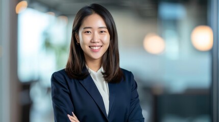 Portrait of a successful young Asian businesswoman, dressed formally in a navy blazer, smiling confidently, blurred office background