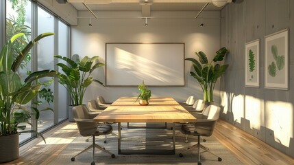 A minimalist meeting room with a wooden table, ergonomic chairs, and a whiteboard. The room is designed for small team collaborations and brainstorming sessions.