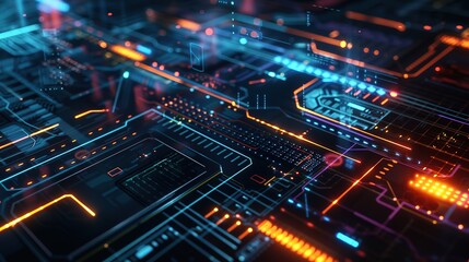 Obraz premium Futuristic Tech-Inspired Background Featuring Circuit Patterns, Digital Grids, and Holographic Effects, Creating a Cutting-Edge and High-Tech Visual Atmosphere
