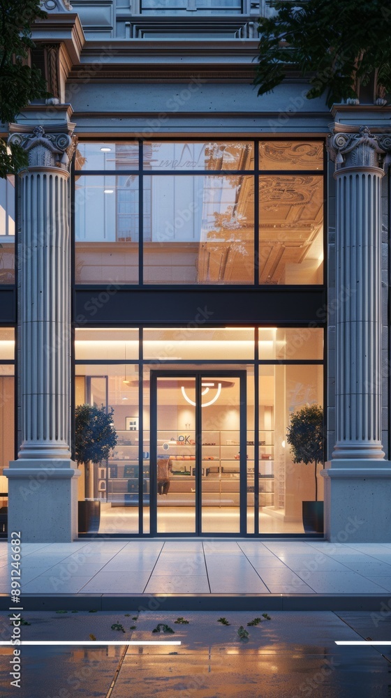 Poster a large building with a glass front and pillars