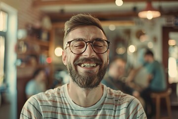 Joyful man with glasses laughing in a blurry barbershop backgrou