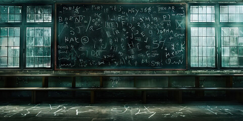 The Coded Language: A chalkboard covered in strange symbols, surrounded by blacked-out windows.