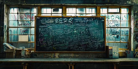 The Coded Language: A chalkboard covered in strange symbols, surrounded by blacked-out windows.