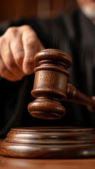 Court of Law and Justice Trial Session: Imparcial Honorable Judge Pronouncing Sentence, striking Gavel. Focus on Mallet, Hammer. Cinematic Shot of Dramatic Not Guilty Verdict. Close-up Shot.