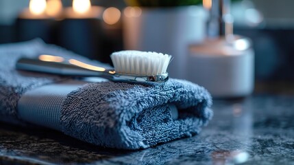 Close-up of barber tools on towel in barbershop