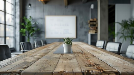 Obraz premium A minimalist meeting room with a wooden table, ergonomic chairs, and a whiteboard. The room is designed for small team collaborations and brainstorming sessions.