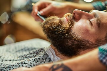 Naklejka premium Close-up of man getting beard trim at barbershop