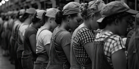 The Hidden Heroes: A line of women in overalls, heads down as they work diligently on an assembly line, each making a vital contribution to America's success.