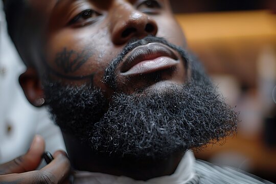 Close-up of black man getting beard trim at barbershop