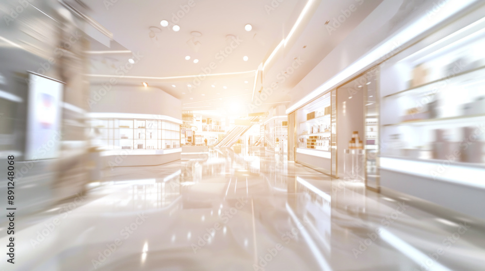 Poster a large, empty store with a bright sun shining through the windows