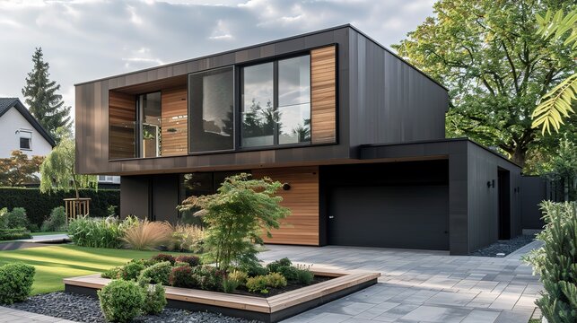 Luxurious modern cubic house with wooden cladding and black panel walls, front yard landscaping 