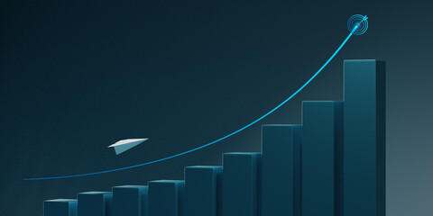 White plane is heading to target. Stock chart bar growth up success idea concept on dark background.