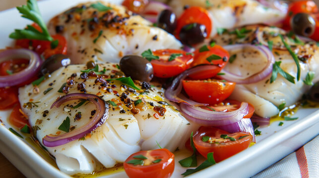 Roasted halibut with cherry tomatoes, onion and parsley