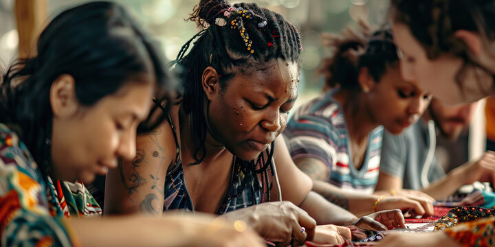 A tight-knit group of immigrants, their heads bowed in concentration as they work on a handmade quilt, each stitch a testament to their strength and perseverance.