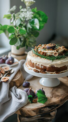 Charming and Rustic Delight: A Fig Cake with Creamy Frosting, Adorned with Fresh Figs, Walnuts, and Rosemary Sprigs, Perfect for Cozy Farmhouse Gatherings and Elegant Country Celebrations
