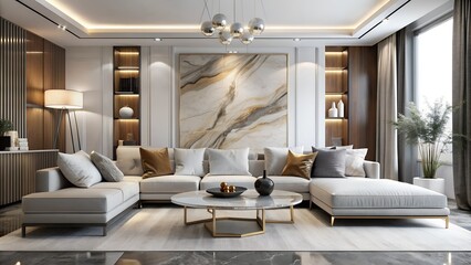 Modern and spacious living room with large sofa and marble wall