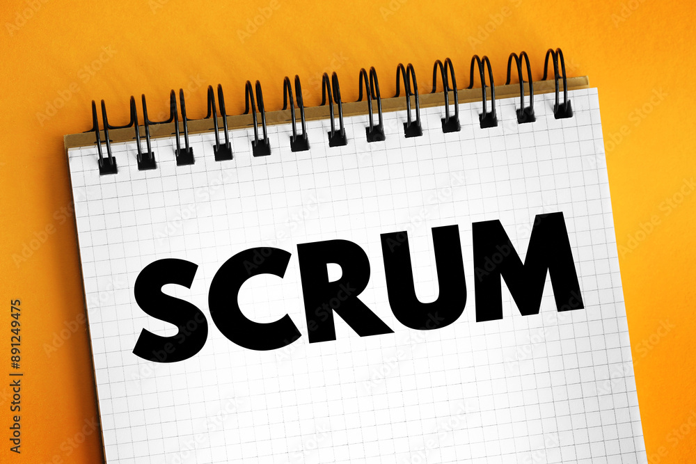 Poster scrum - management framework that teams use to self-organize and work towards a common goal, text co