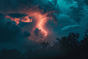 Obraz premium Dramatic photo of lightning during a thunderstorm, capturing the powerful and awe-inspiring natural phenomenon with bright flashes illuminating the dark sky.