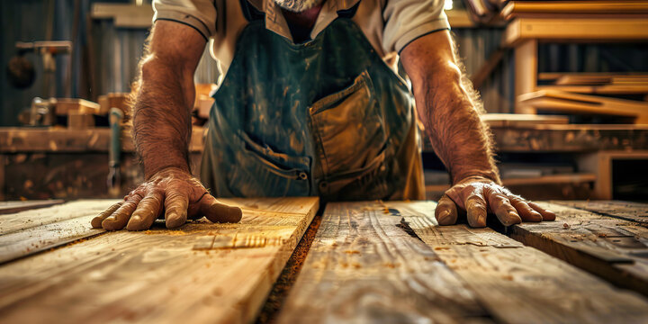 Sturdy Hands, Secure Future: A carpenter carefully measures wood planks on a workshop floor, his tools arranged neatly around him. - Powered by Adobe