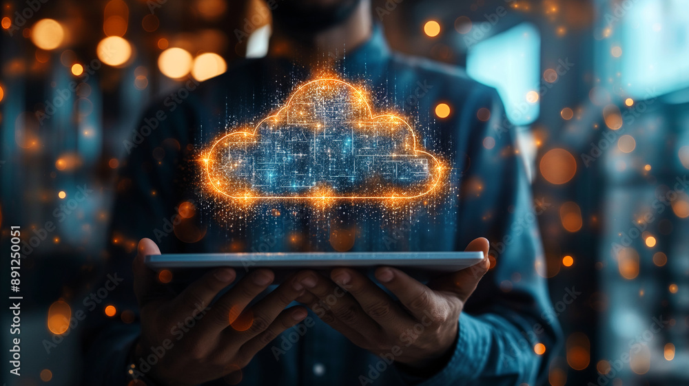 Aufkleber a man is holding a tablet with a cloud on it. concept of technology and the importance of data stora