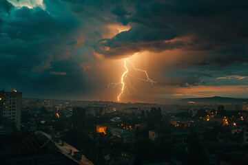 Dramatic photo of lightning during a thunderstorm, capturing the powerful and awe-inspiring natural phenomenon with bright flashes illuminating the dark sky.