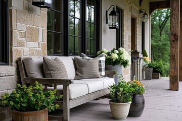 Fototapeta premium Cozy outdoor patio area with a wooden bench, cushions, and potted plants, providing a comfortable and inviting outdoor living space.