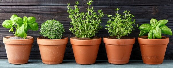 Five potted herbs in terracotta pots on a wooden shelf, perfect addition for a home garden or indoor greenery.