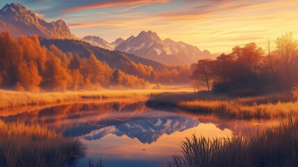 Beautiful mountain landscape with lake and forest in autumn, sunrise with a red sky, generated AI