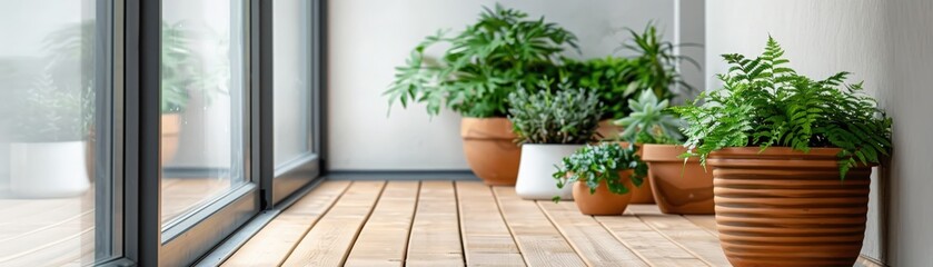 Fototapeta premium Modern indoor garden with potted plants on a wooden floor, next to a large window bringing in natural light. Perfect for home decor inspiration.