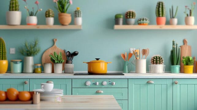 Modern kitchen with pastel turquoise cabinets, colorful decor, and potted succulents on shelves creating a cozy, fresh atmosphere.