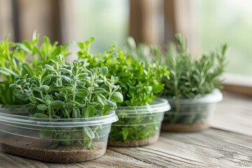 Three fresh herb plants in plastic containers on a wooden table with a blurred natural background, representing indoor gardening and natural living.