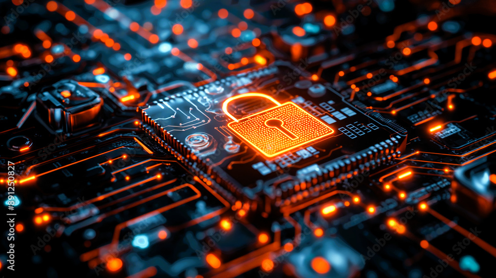 Poster a digital padlock and key on a computer screen with cybersecurity icons. natural lighting emphasizes