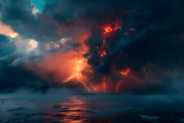 Fototapeta premium Dramatic photo of lightning during a thunderstorm, capturing the powerful and awe-inspiring natural phenomenon with bright flashes illuminating the dark sky.