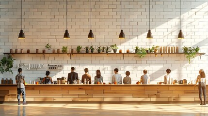 Obraz premium vector, illustration, Coffee shop. Waiting line in cafe, barista doing latte for client. People in cafeteria before work wait and drink morning drink. Canteen vector scene