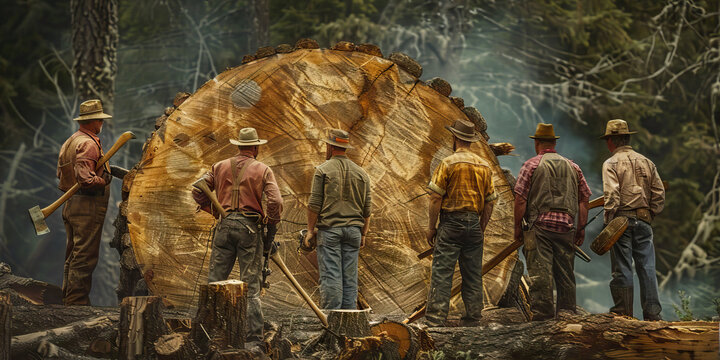 A group of loggers stand together, admiring a freshly cut tree, their axes resting against tree stumps.