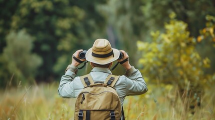 A man with binoculars explores the woods. The man is standing in a field of grass. The background is blurred and shows the dense trees of the forest.