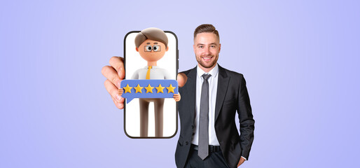 Businessman showing smartphone, cartoon with feedback. Online headhunting