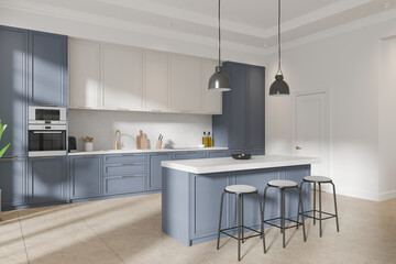 Classical home kitchen interior with bar island and cabinet, entrance door