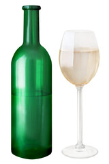 1 Flasche Wein und Weinglass mit Weisswein  Hintergrund transparent PNG cut out