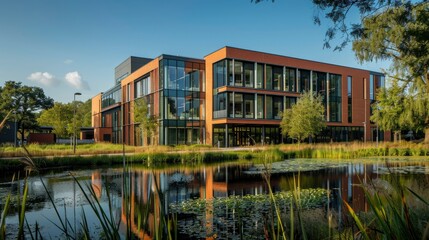 Obraz premium A university campus building with a facade featuring solar shading devices and green roofs, promoting energy efficiency and sustainability in educational institutions.