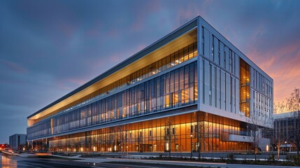 Fototapeta premium A government building with a facade that integrates renewable energy solutions and natural ventilation, promoting sustainable public infrastructure.