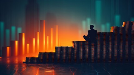 vector, illustration, Businessman stay next to golden coins, financial advise, investment and banking service career concept. Abstract business environment with stairs