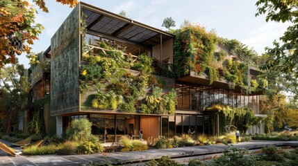 Obraz premium A community center with a facade featuring vertical gardens and solar panels, emphasizing the role of sustainability in communal spaces.