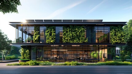 Obraz premium A commercial building with a facade made from recycled aluminum and equipped with solar panels, showcasing eco-friendly design in business spaces.
