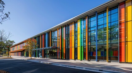 Obraz premium A school with a facade that incorporates natural ventilation and solar shading, promoting sustainability in educational architecture.
