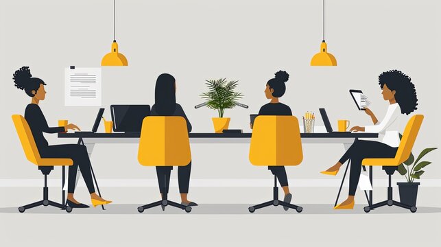 Vector, illustration, Business team working together, brainstorming, discussing ideas for project. People meeting at desk in office. illustration for co-working, teamwork, workspace concept, flat illu