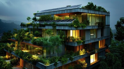 A residential building with a facade featuring solar panels and green roofs, promoting energy-efficient living in urban areas.