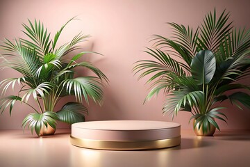 Stylish Golden Pedestal with Tropical Foliage on Pink Background. Podium. Stage. Pedestal. Photos. Images.