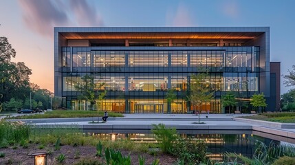 Obraz premium A university building with a facade that uses advanced materials to reduce energy consumption and enhance natural lighting, promoting sustainable practices in education.