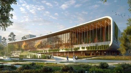 Obraz premium A sports arena with a facade that integrates vertical gardens and solar shading, reflecting a commitment to eco-friendly design in recreational spaces.